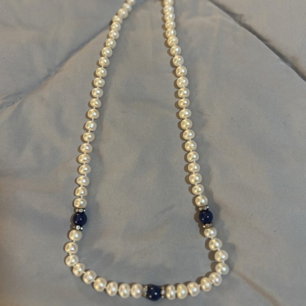 Faux Pearl and Lapis/Jewel Glass Necklace - 19" Long - Preowned - CL